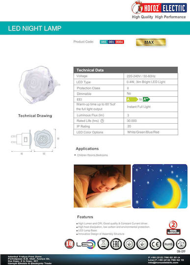 Horoz Electric Φωτάκι Νυκτός LED Λουλούδι Ρεύματος Λευκό Ψυχρό με Λευκό Φωτισμό