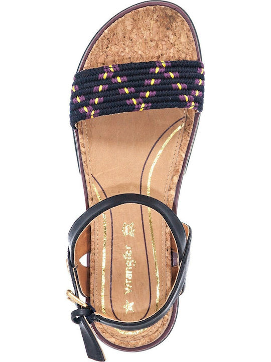 Ribbon Harvey Leather Women's Flat Sandals with Strap in Navy Blue Color