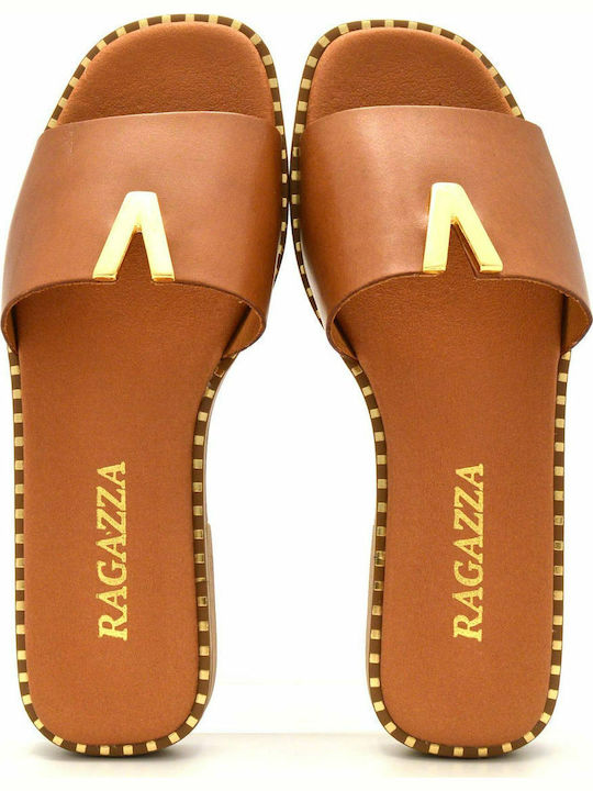 Leather Women's Flat Sandals in Tabac Brown Color