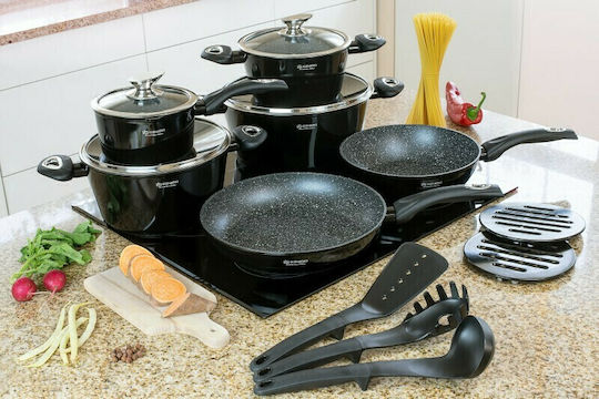 Edenberg Комплект съдове за готвене от алуминий черни с каменно покритие 6 бр