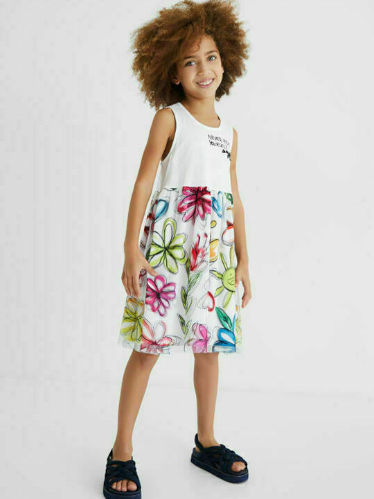 Desigual Kids Dress Floral Sleeveless White