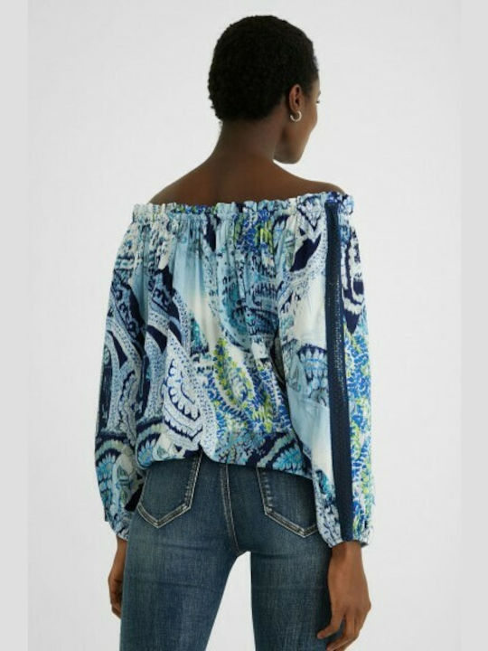 Desigual Sheila Women's Summer Blouse Cotton Off-Shoulder Long Sleeve Floral Blue