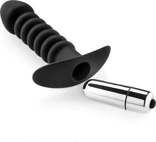 Zenn Premium Ribbed Butt Plug with Vibrating Bullet Πρωκτική Σφήνα με Δόνηση Black 13cm