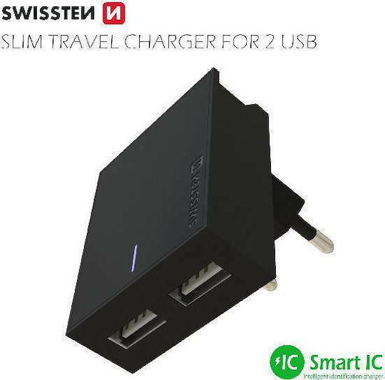 Swissten Φορτιστής με 2 Θύρες USB-A και Καλώδιο USB-C 15W Μαύρος (22044000)