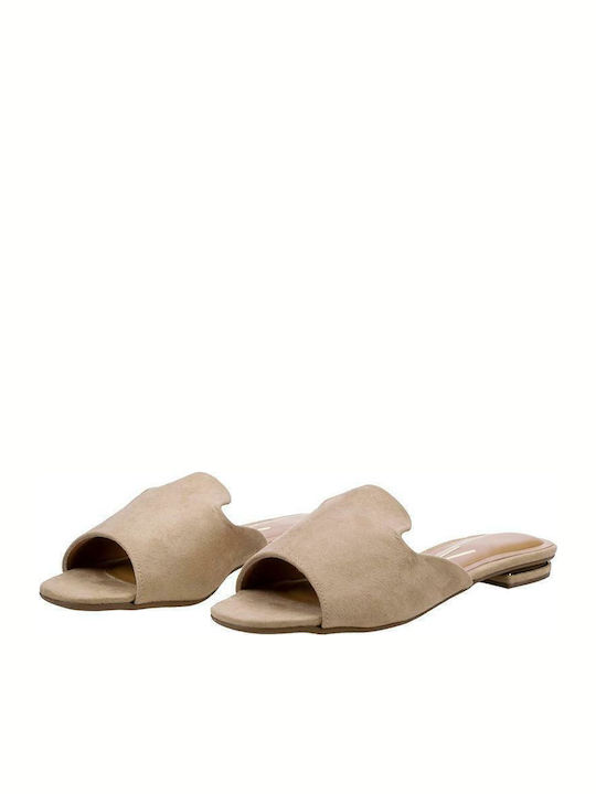 6426-100 Suede Mules with Chunky Low Heel in Beige Color