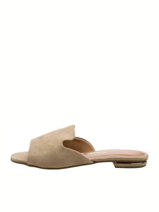 6426-100 Suede Mules with Chunky Low Heel in Beige Color