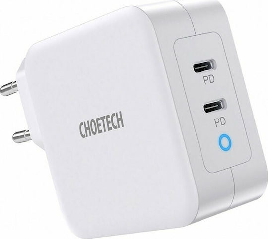 Choetech Charger Without Cable GaN with 2 USB-C Ports 100W Power Delivery Whites (PD6008)