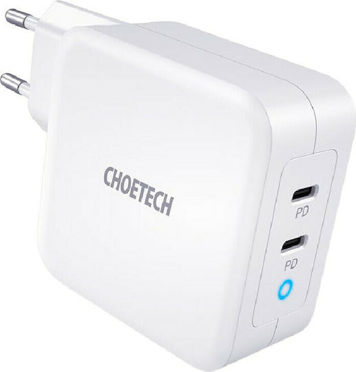 Choetech Charger Without Cable GaN with 2 USB-C Ports 100W Power Delivery Whites (PD6008)