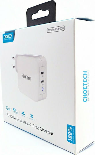 Choetech Charger Without Cable GaN with 2 USB-C Ports 100W Power Delivery Whites (PD6008)
