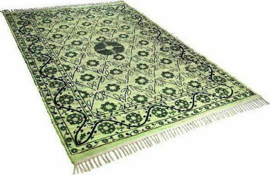 Synchronia Flowers Handmade Rug Rectangular Cotton with Fringes Green Flowers
