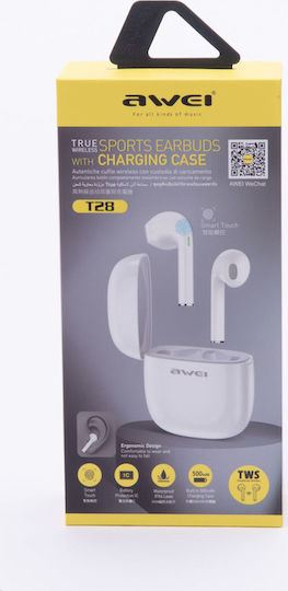Awei T28 In-ear Bluetooth Handsfree Ακουστικά με Αντοχή στον Ιδρώτα και Θήκη Φόρτισης Λευκά