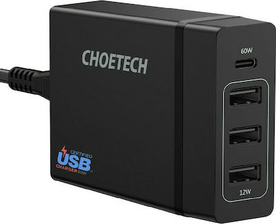 Choetech Ladestation mit 3 USB-A Anschlüsse und USB-C Anschluss 72W Stromlieferung in Schwarz Farbe (PD72-1C3U)