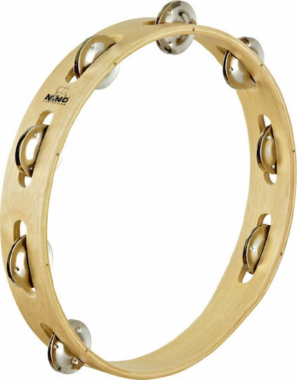 Nino Percussion Beige Wooden Hand Tambourine with Single Row Jingles