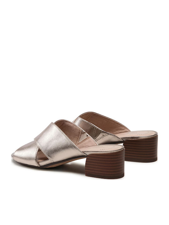 Caroleigh Erin Leather Mules With Chunky Low Heel In Gold Colour