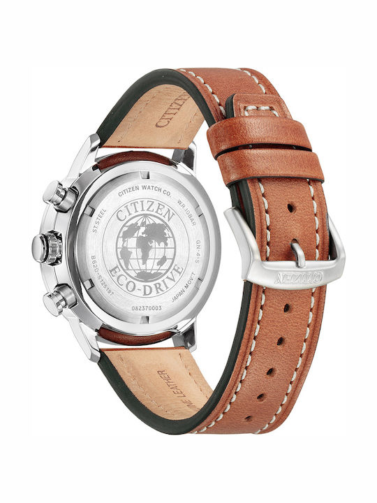Citizen Ανδρικό Ρολόι 44mm Χρονογράφος Eco - Drive με Καφέ Δερμάτινο Λουράκι