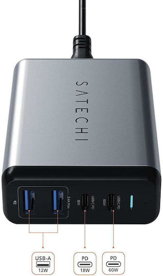 Satechi Ladestation mit 2 USB-A Anschlüsse und 2 USB-C Anschlüsse 75W Stromlieferung in Schwarz Farbe (ST-MC2TCAM)