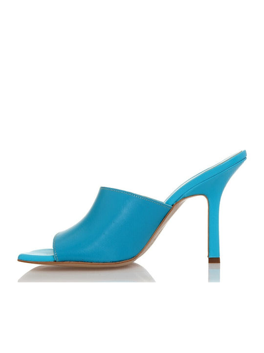 Leather Mules with Thin High Heel in Blue Color