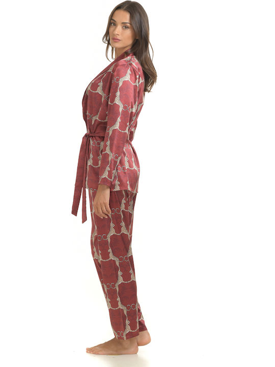 Miss Rosy Winter Damen Pyjama-Set Satin,σατεν Burgundisch