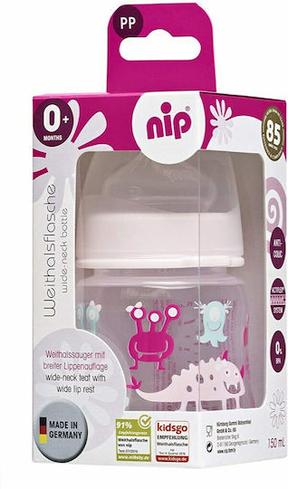 Nip Biberoane Bebelusi Din Sticlă Anti-Colici Cu Tetină Din Silicon Pentru 0+ Luni Micuții Monștri Roz 150ml