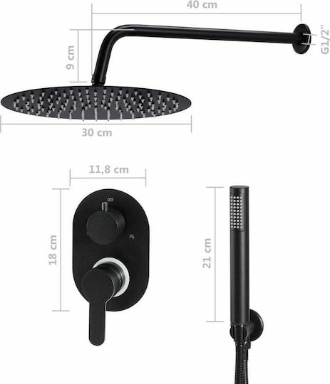 vidaXL Built-in Mixer, Hand Shower & Shower Head Set for Shower 2 Exits Inox Black