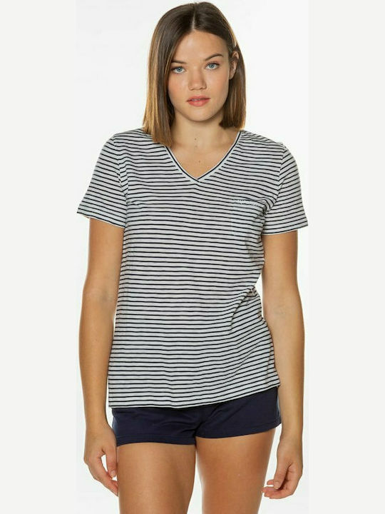 Superdry Women's T-shirt with V Neckline Striped Navy Blue