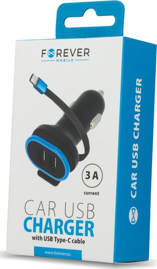 Forever Car Charger Black CC-02 2 x USB & type-C Total Intensity 3A with Ports: 2xUSB with Cable Type-C