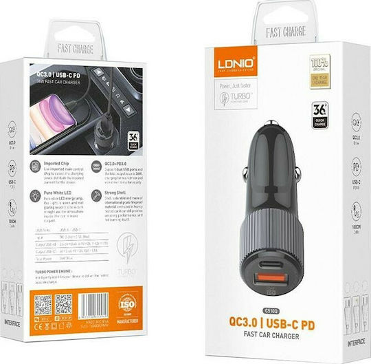 Ldnio C510QT Handy-Autoladegerät 38W 1.5A Schnellladen mit Anschlüssen: 1xUSB 1xType-C zusammen mit Kabeltyp Type-C Farbe Schwarz