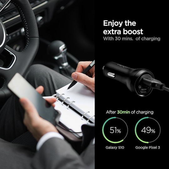 Spigen Φορτιστής Αυτοκινήτου PC1800 30W 2.4A Γρήγορης Φόρτισης με Θύρες: 1xUSB 1xType-C Μαύρος