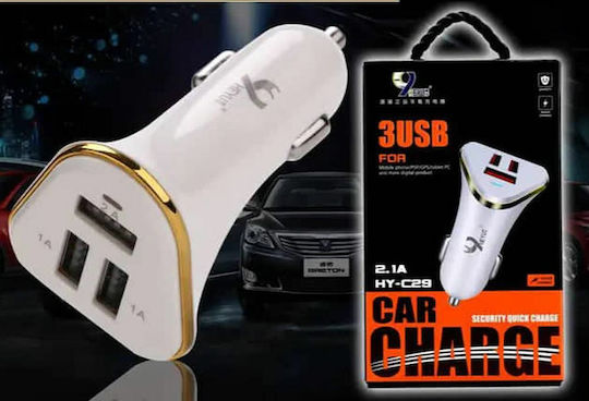 HY-C29 Încărcător Auto 2.1A Încărcare Rapidă cu Porturi: 3xUSB Alb Culoare