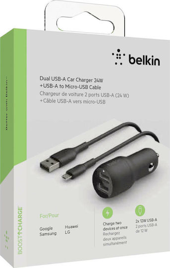 Belkin Φορτιστής Αυτοκινήτου 24W 2.4A με Θύρες: 2xUSB μαζί με Καλώδιο Micro-USB Μαύρος