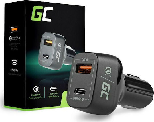 Green Cell Car Charger Black Total Intensity 3.6A Fast Charging with Ports: 1xUSB 1xType-C