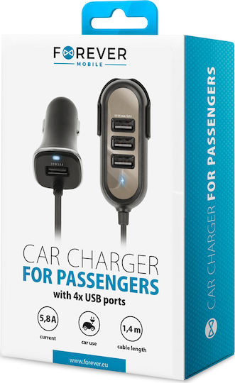 Forever Car Charger Black Total Intensity 5.8A with Ports: 4xUSB