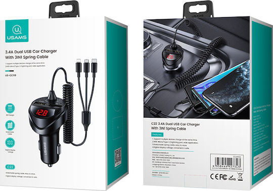 Usams C22 Autoladegerät 14W 3.4A Schnellladen mit Anschlüssen 2xUSB zusammen mit Kabel Lightning / Mikro-USB / Typ-C Schwarz Farbe