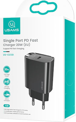 Usams Charger Without Cable with USB-C Port 20W Power Delivery Black (US-CC131 T39)