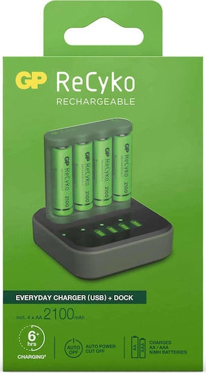 GP Batteries ReCyko B4D45 USB Φορτιστής 4 Μπαταριών Ni-MH Μεγέθους AA Σετ με 4x AA 2100mAh σε Πράσινο χρώμα