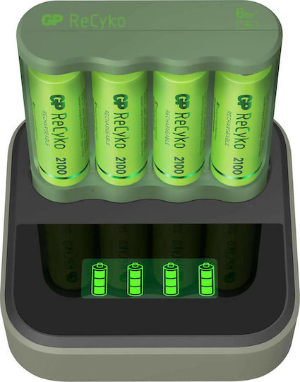 GP Batteries ReCyko B4D45 USB Φορτιστής 4 Μπαταριών Ni-MH Μεγέθους AA Σετ με 4x AA 2100mAh σε Πράσινο χρώμα
