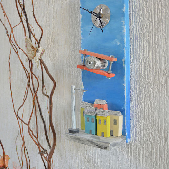 Kapadakis Wood Art Airplane Over The City Wall Clock Wooden Blue 15x40cm