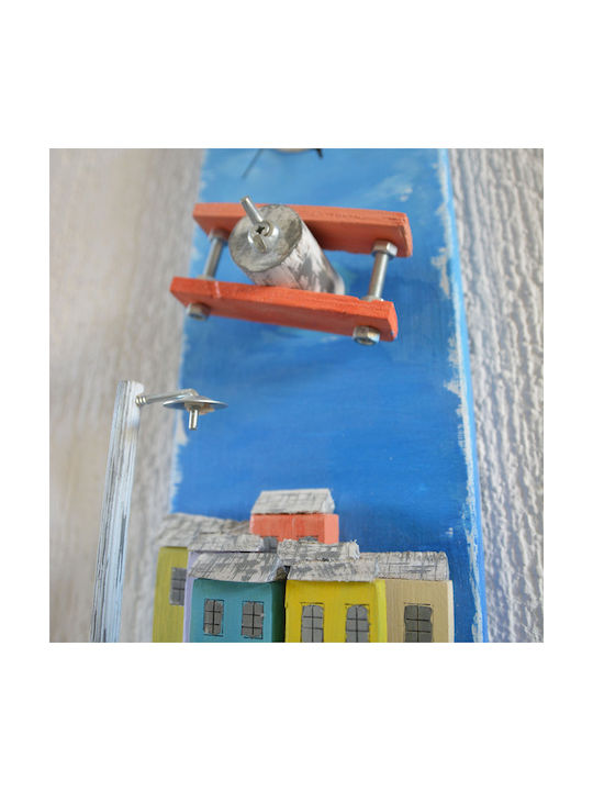 Kapadakis Wood Art Αεροπλάνο Πάνω Από Την Πόλη Ρολόι Τοίχου Ξύλινο Μπλε 15x40cm