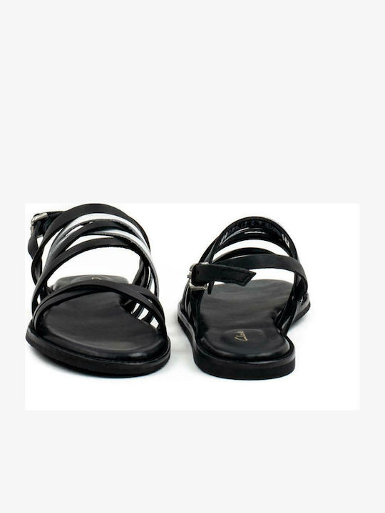 Karsea Leather Women's Flat Sandals with Strap in Black Color