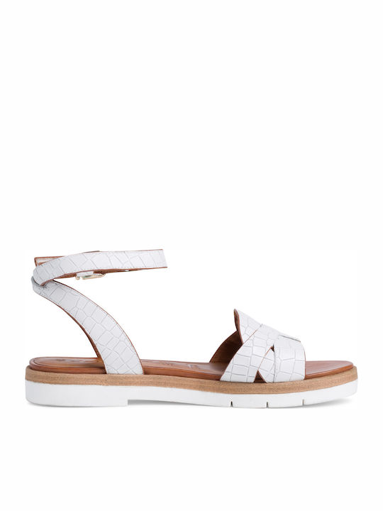 Leather Women's Flat Sandals with Strap in White Color