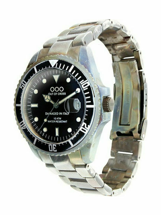 Out Of Order Nero Soloacciaio Ανδρικό Ρολόι 44mm Μπαταρίας με Ασημί Μεταλλικό Μπρασελέ