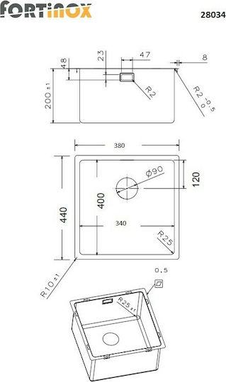 Fortinox Squadro 28034 108-28034-110 Sub masă Chiuvetă Inox Satinat L38xW44cm Argintiu