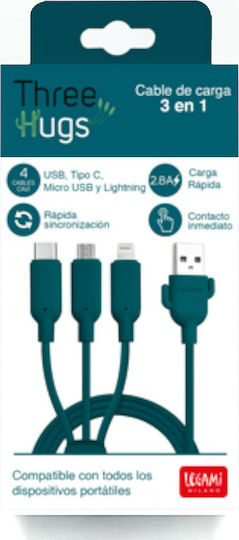 Legami Milano Three Hugs Редовен USB към Мълния / Type-C / микро USB Кабел 2.8Спецификация Зелен 1м (CCA0001)