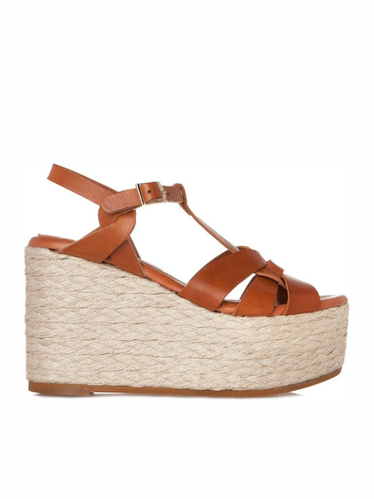 Women's Leather Ankle Strap Platforms Tabac Brown