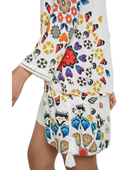 Desigual Maui Γυναικείο Κοντό Καφτάνι Παραλίας Λευκό