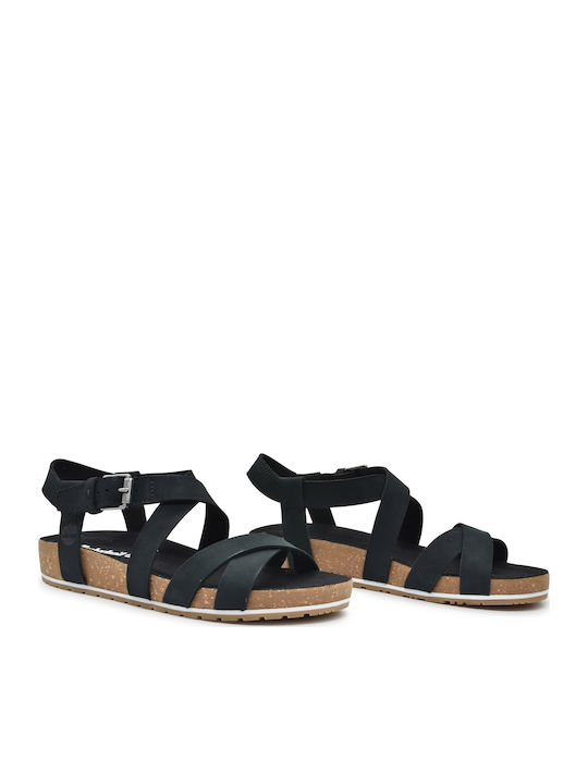 Malibu Waves Leather Women's Flat Sandals Anatomic with Strap in Black Color