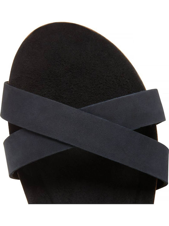 Malibu Waves Leather Women's Flat Sandals Anatomic with Strap in Black Color