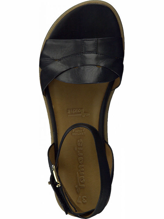 Leather Women's Flat Sandals with Strap in Black Color
