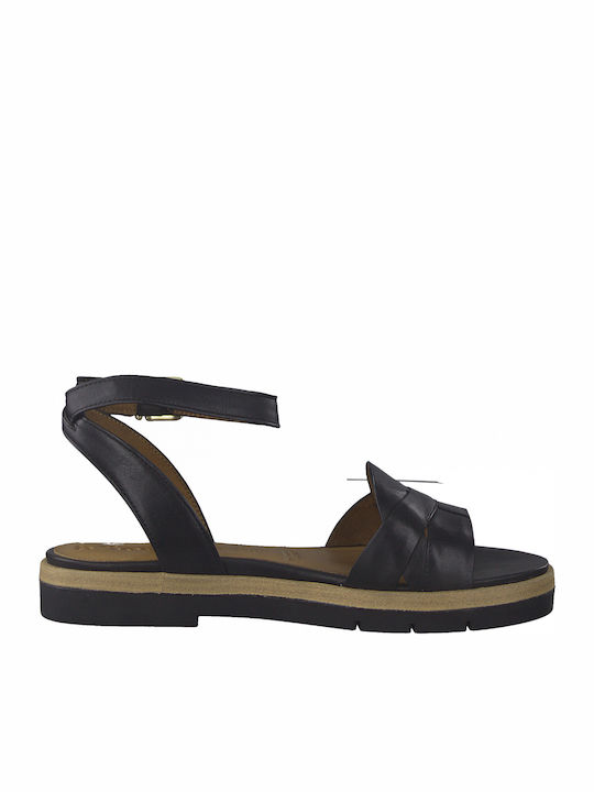 Leather Women's Flat Sandals with Strap in Black Color