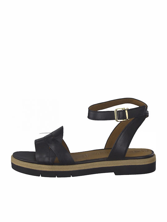 Leather Women's Flat Sandals with Strap in Black Color